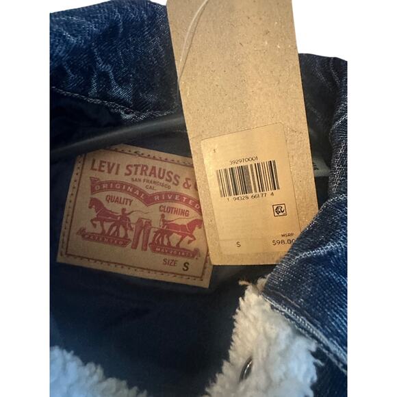 LEVI'S EX-BOYFRIEND Pieced Sherpa Denim Trucker Jacket "all goes wool" S NWT - Picture 5 of 5